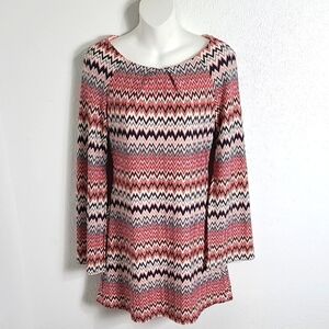 TeezeMe Pink & Coral Zigzag Mini-Dress, Long Open Sleeves, Size Medium